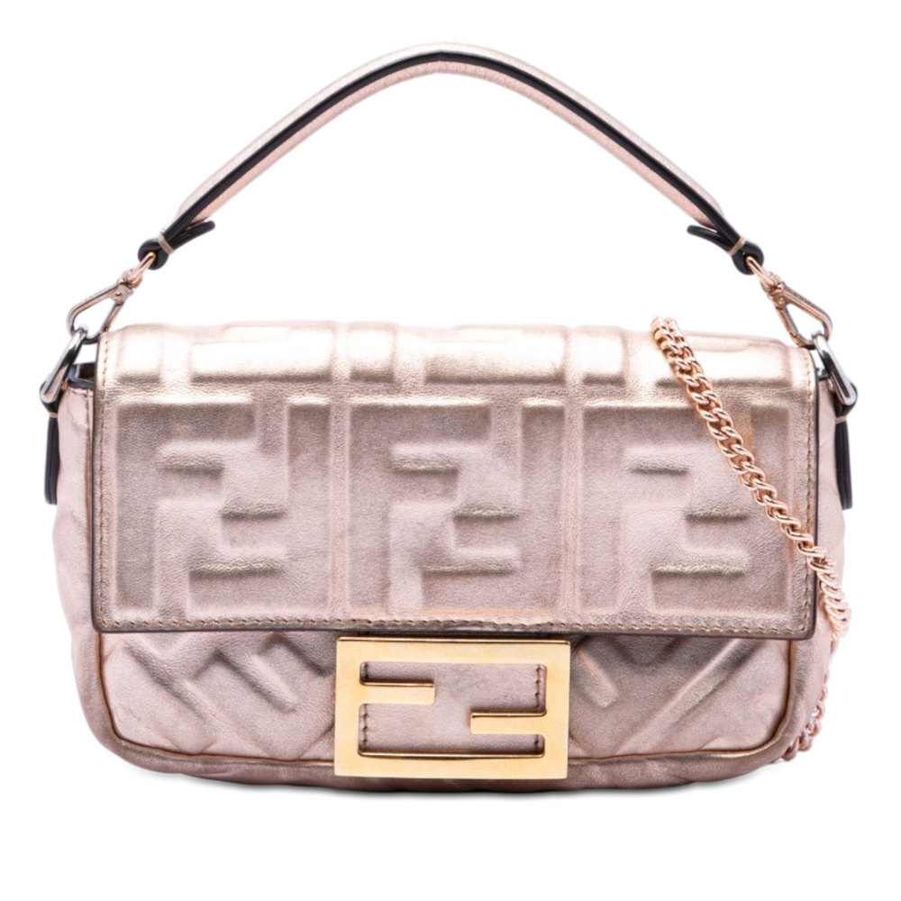 Pre-Loved Fendi Mini Zucca Embossed Metallic Leather Baguette Satchel